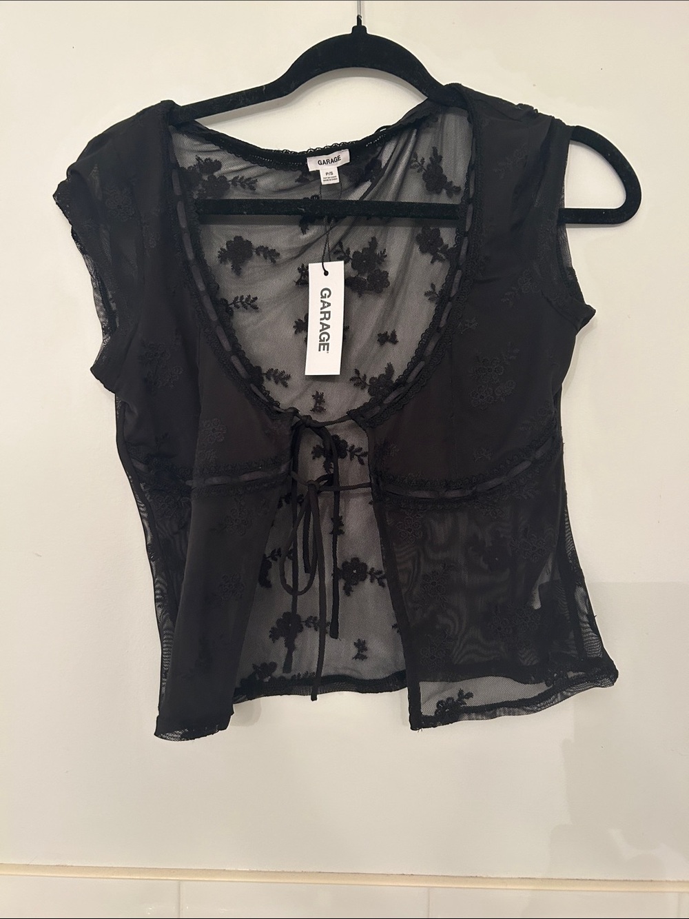 Garage Sheer Black Floral Tie-Front Crop Top